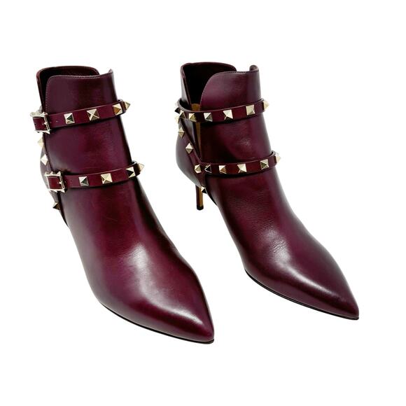 Valentino Garavani Shoes - Valentino Garavani Rockstud Burgundy Leather Ankle Boots 37.5 Pointed Toe Heels